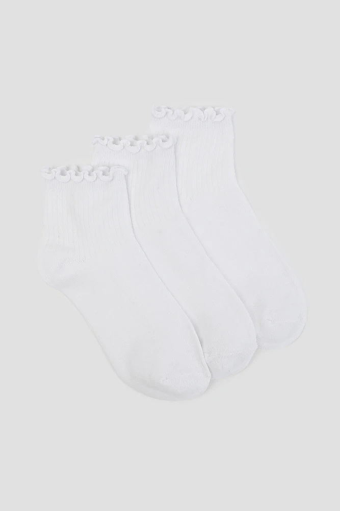 Ardene 3-Pack Ruffled Edge Demi Crew Socks in White | Polyester/Spandex