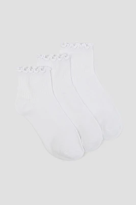 Ardene 3-Pack Ruffled Edge Demi Crew Socks in White | Polyester/Spandex
