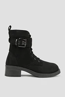 Ardene Mid Combat Boots with Buckle in Black | Size | Faux Suede | Eco-Conscious