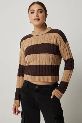 Ardene Striped Cable Knit Sweater in Beige | Size | Polyester