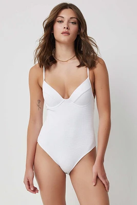 Ardene Plunge One Piece Swimsuit in White | Size | Polyester/Elastane | Microfiber