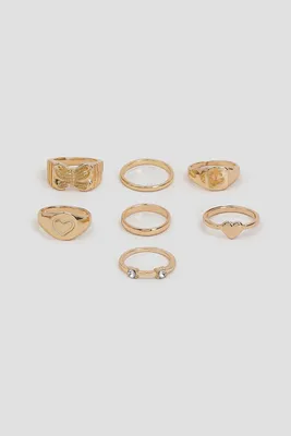 Ardene 7-Pack Heart & Butterfly Rings in Gold | Size