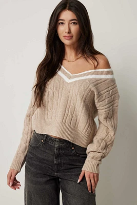 Ardene Short Cable Knit Sweater in Beige | Size | Polyester/Spandex