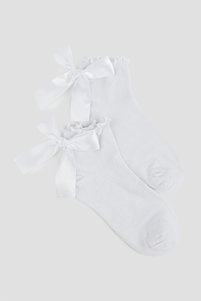 Ardene 2-Pack Demi Crew Socks with Bow Detail in White | Polyester/Spandex