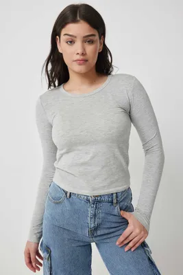 Ardene Basic Long Sleeve Cropped T-Shirt in Light Grey | Size | Cotton/Elastane