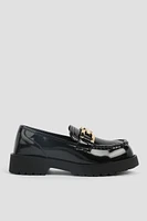 Ardene Patent Loafers with Metal Ornament in Black | Size | Faux Leather | Eco-Conscious