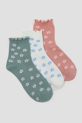 Ardene 3-Pack Floral Demi-Crew Socks | Polyester/Spandex