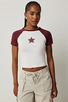 Ardene Short Sleeve Crop Raglan T-Shirt in Burgundy | Size | Polyester/Spandex