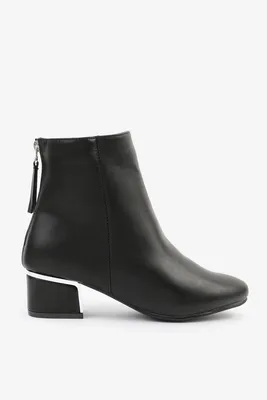 Ardene Silver Accent Block Heel Booties in Black | Size | Faux Leather/Faux Suede