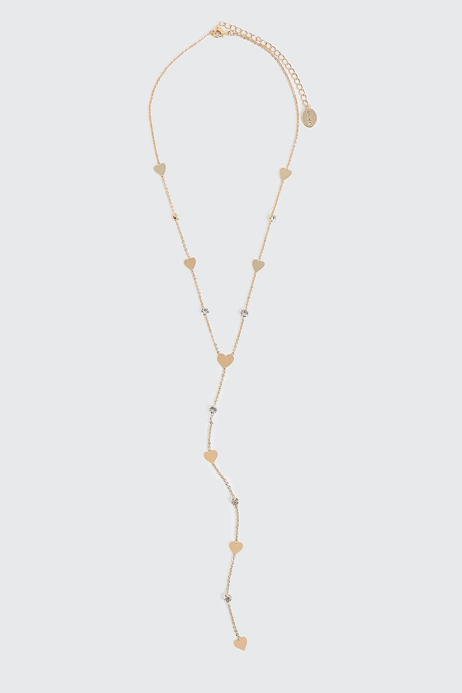Ardene Crystal & Heart Lariat Necklace in Gold