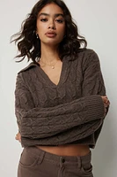 Ardene Cable Knit Johnny Collar Sweater in Brown | Size | Polyester | Eco-Conscious