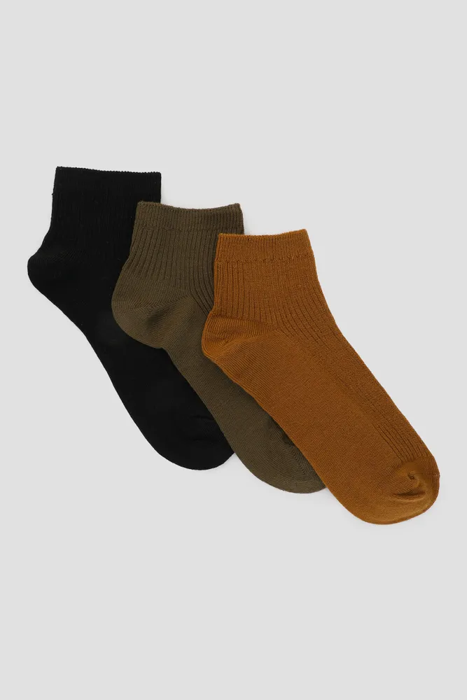 Ardene 3-Pack Ribbed Demi Crew Socks in Brown | Polyester/Spandex