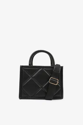 Ardene Small Topstitched Diamond Tote in Black | Faux Leather/Polyester