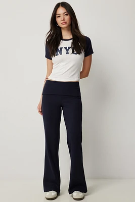 Ardene Foldover Flare Leg Pants in Dark Blue | Size | Polyester/Cotton/Elastane