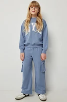 Ardene Kids Wide Leg Cargo Sweatpants in Medium Blue | Size | Polyester/Cotton | Fleece-Lined