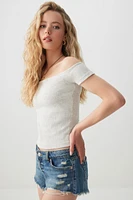 Ardene Ribbed Off Shoulder Top in Light Grey | Size | Cotton/Elastane