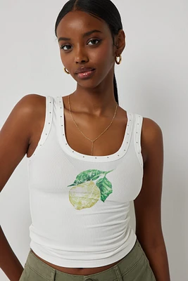 Ardene Fruit Print Tank Top with Stud Details in White | Size | Polyester/Spandex/Cotton