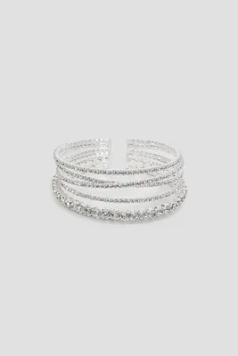 Ardene Multi Row Rhinestone Cuff Bracelet in Silver