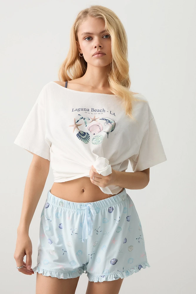 Ardene Ruffle Trim Super Soft PJ Shorts in Light Blue | Size | Polyester/Spandex | Eco-Conscious