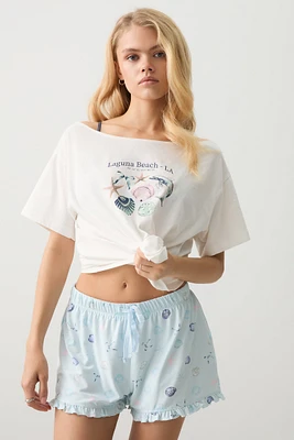 Ardene Ruffle Trim Super Soft PJ Shorts in Light Blue | Size | Polyester/Spandex | Eco-Conscious