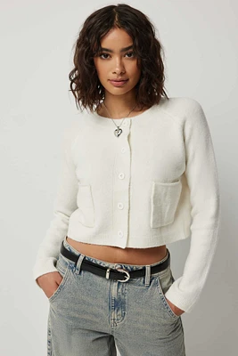 Ardene Crop Raglan Cardigan in White | Size | Polyester/Elastane