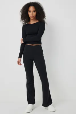 Ardene Flare Crepe Knit Pants in Black | Size Large | Polyester/Spandex