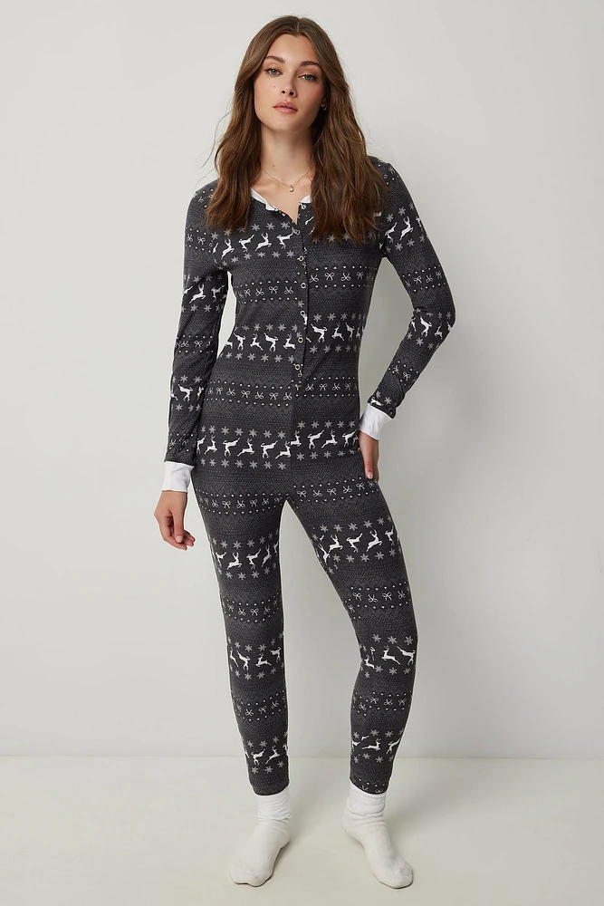 Ardene Festive Print Onesie PJ in Dark Grey | Size | Polyester/Elastane | Eco-Conscious