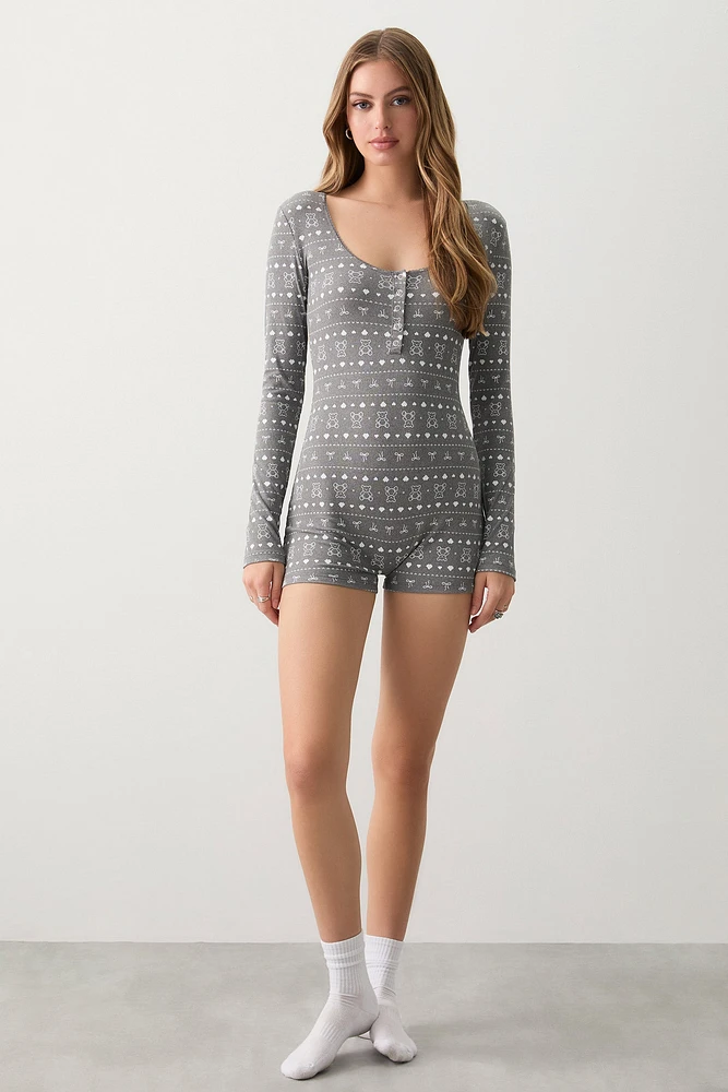 Ardene Long Sleeve PJ Romper in Dark Grey | Size | Polyester/Spandex | Eco-Conscious