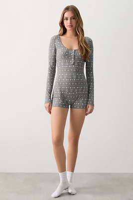 Ardene Long Sleeve PJ Romper in Dark Grey | Size | Polyester/Spandex | Eco-Conscious