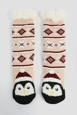 Ardene Penguin Slipper Socks in Beige | 100% Acrylic