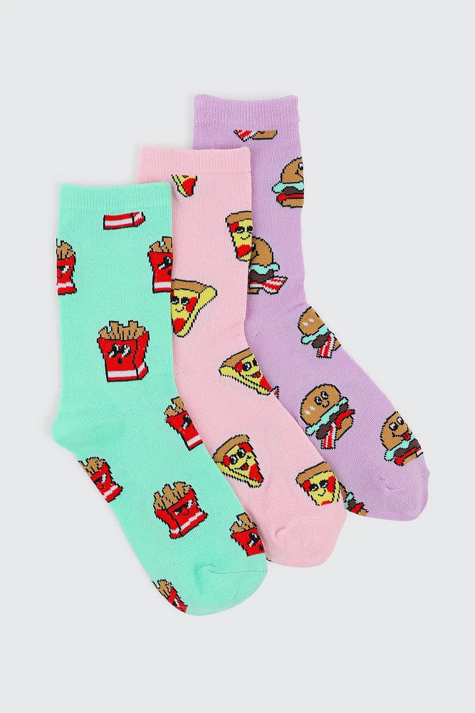 Ardene Kids 3-Pack Fast Food Crew Socks | Polyester/Spandex