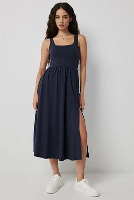 Ardene Super Soft Midi Dress with Slit in Dark Blue | Size | Polyester/Elastane