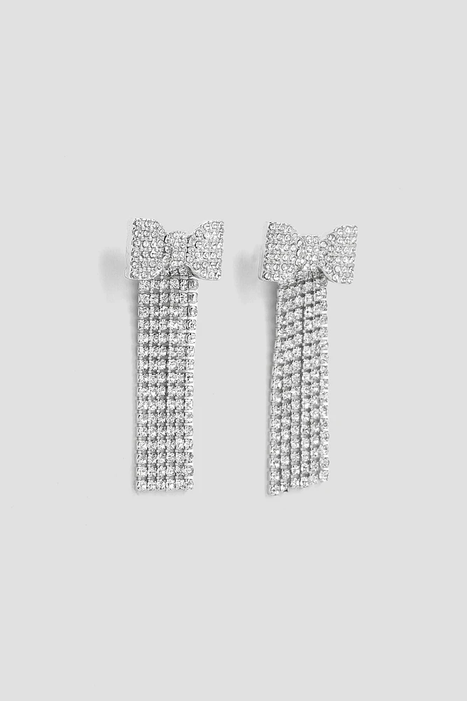 Ardene Rhinestone Bow Earrings in Silver | Stainless Steel