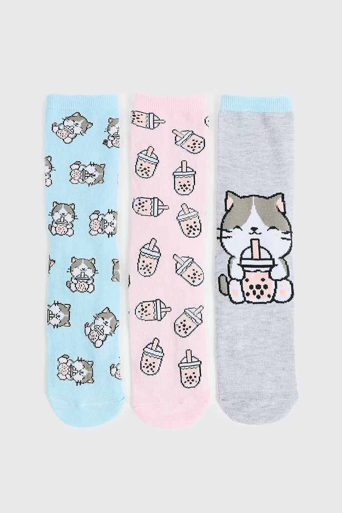 Ardene 3-Pack Cat & Bubble Tea Socks in Light Blue | Polyester/Spandex