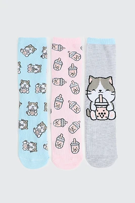 Ardene 3-Pack Cat & Bubble Tea Socks in Light Blue | Polyester/Spandex