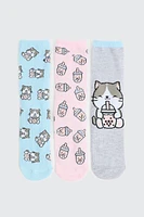 Ardene 3-Pack Cat & Bubble Tea Socks in Light Blue | Polyester/Spandex