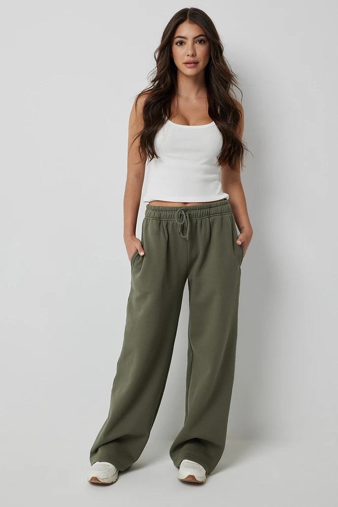 Ardene Wide Leg Sweatpants in Khaki | Size | Polyester/Cotton | Fleece-Lined