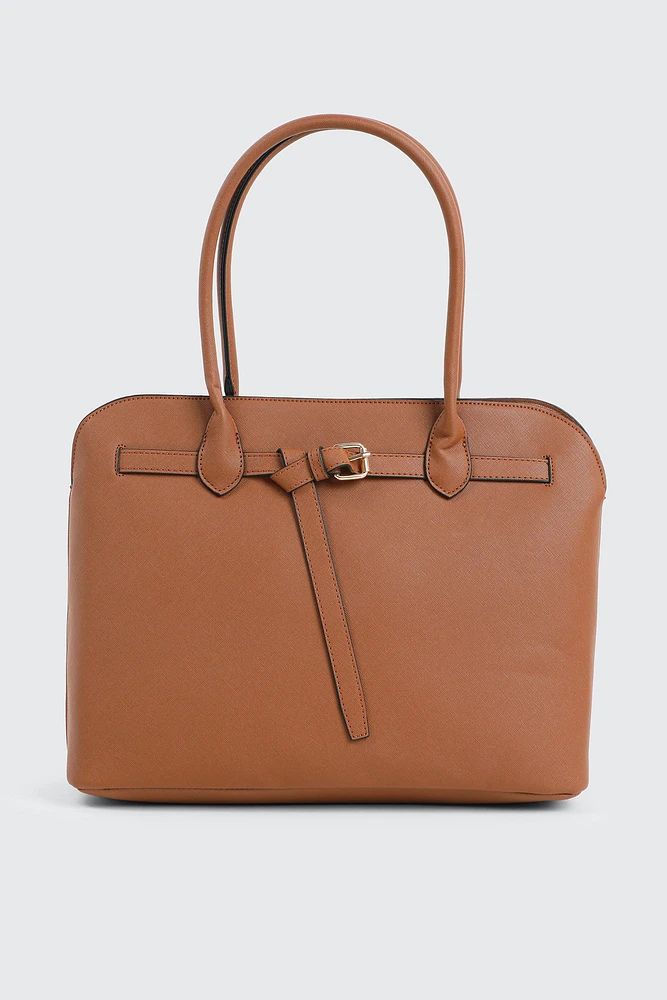 Ardene Large Tote Bag with Buckle Detail in Cognac | 100% Recycled Polyester/Faux Leather | Eco-Conscious