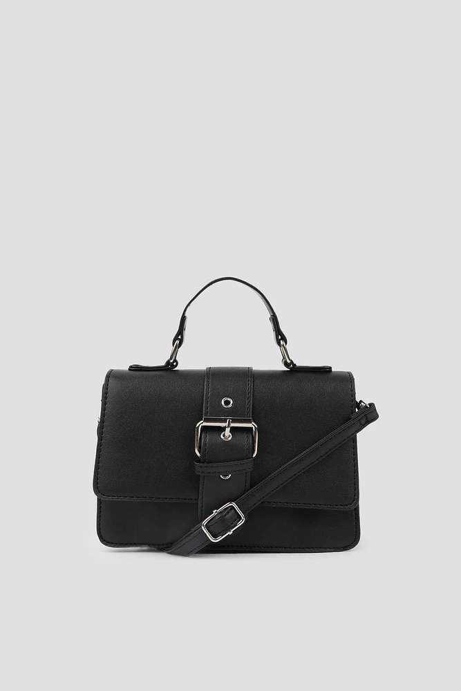 Ardene Small Buckle Tote Bag in Black | Faux Leather/Polyester