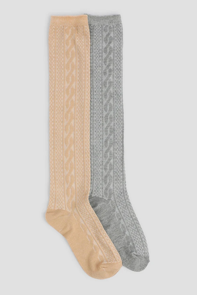 Ardene 2-Pack Knee High Cable Knit Socks in Beige | Polyester/Spandex