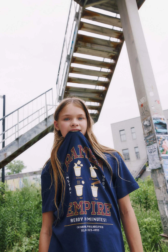 Ardene Kids Oversized Graphic T-Shirt in Dark Blue | Size Small | 100% Cotton