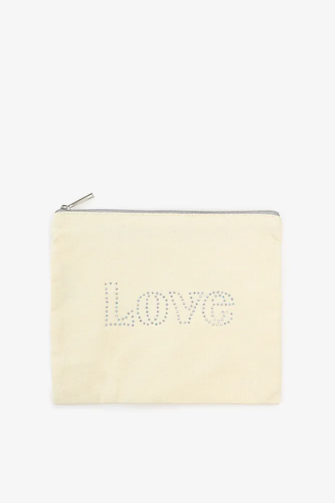 Ardene Rhinstone Love Makeup Bag in Beige