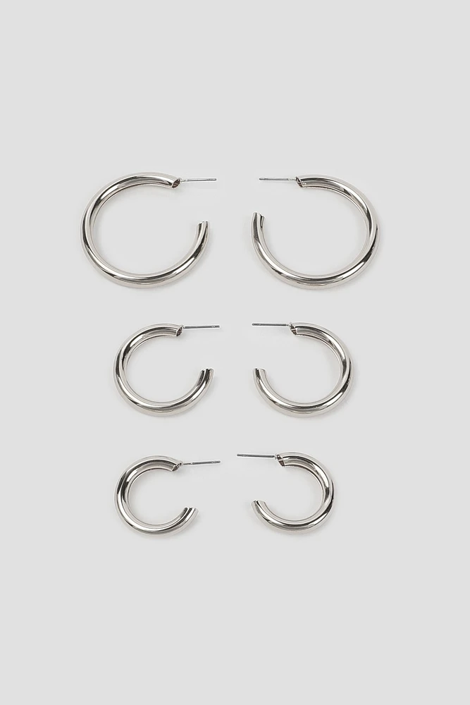 Ardene 3-Pack Thick Hoop Earrings in Silver | Stainless Steel