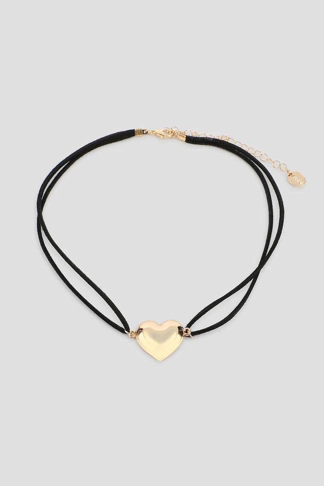 Ardene Faux Suede Cord Choker with Heart Pendant in Gold