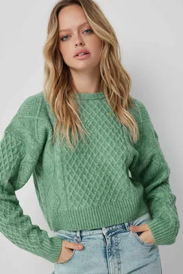 Ardene Chunky Cable Knit Cropped Sweater in Light Green | Size | Polyester