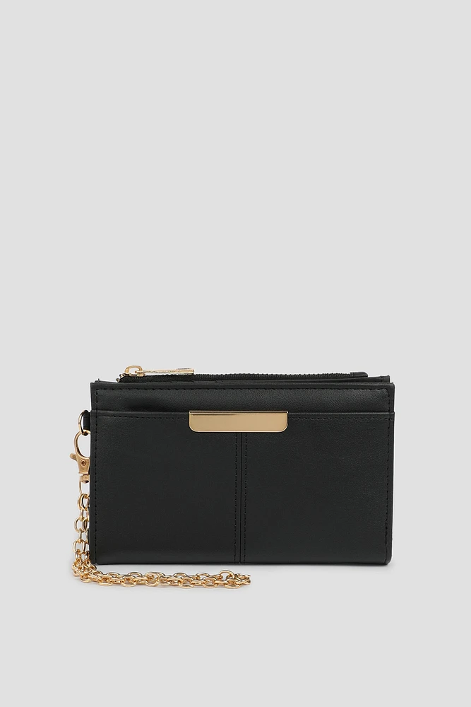 Ardene Chain Strap Wallet in Black | Faux Leather/Polyester