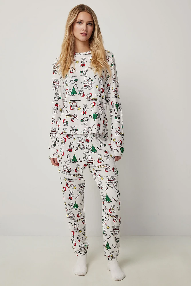 Ardene Festive Snoopy PJ Set in White | Size | Polyester/Spandex