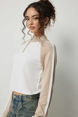 Ardene Two Tone 1/4 Zip Sweater in Beige | Size | Polyester/Rayon/Nylon
