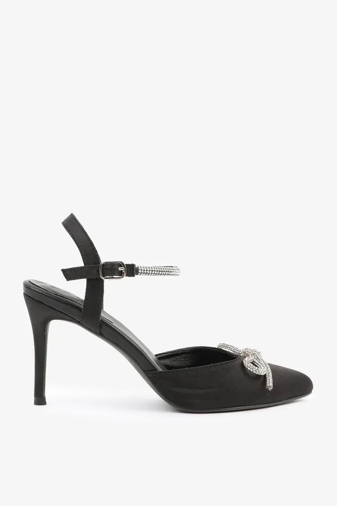 Ardene A.C.W. Ankle Strap Pumps with Bow Detail in Black, Size