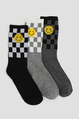 Ardene 3-Pack Checkerboard Crew Socks in Grey | Polyester/Spandex